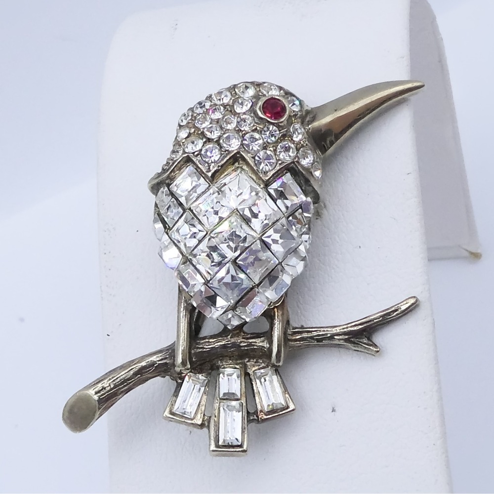 Vintage Germany Rhinestone Sterling Silver Bird Branch 1.4" Unisex Brooch Pin